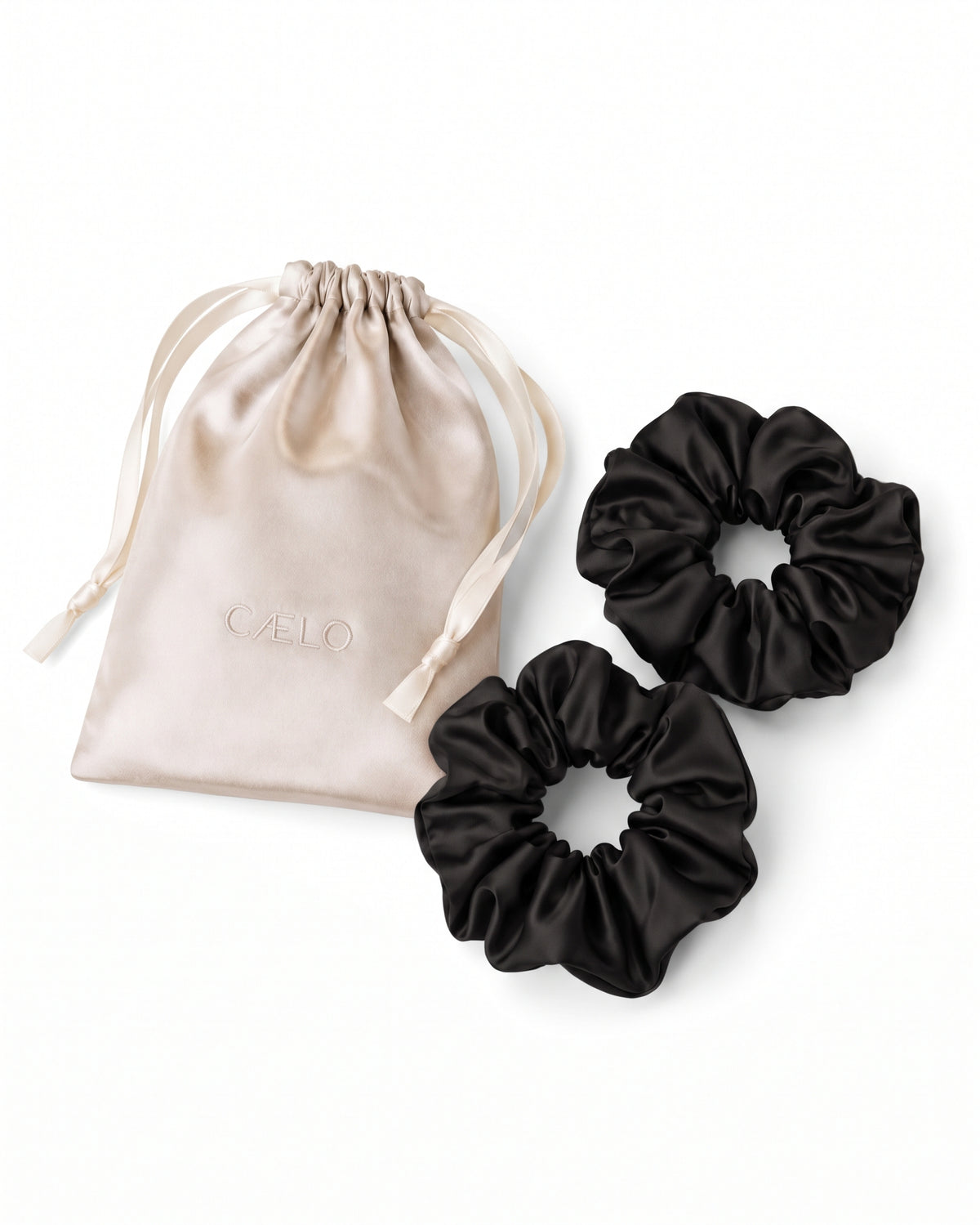 The Orbit: Mulberry Silk Scrunchie, pack of 2, plus silk pouch, 22 Momme, 6A